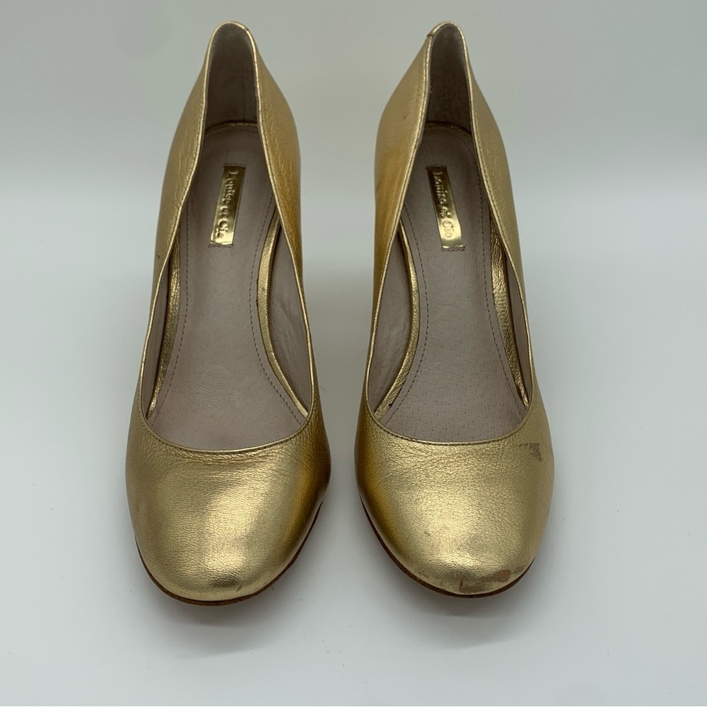 Louise et Cie Leather Metallic Gold Stacked Block Heel Pumps Size US 8.5 EU 38.5 - Picture 2 of 10